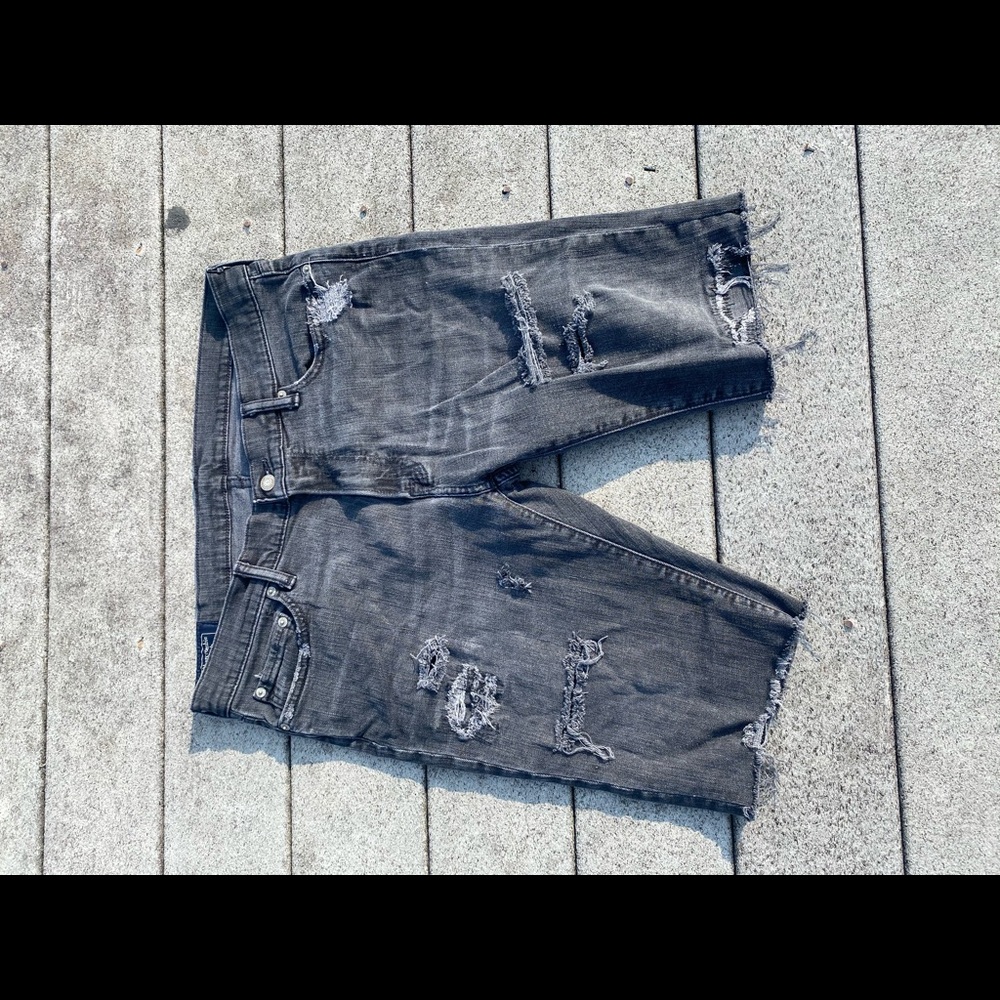Black grey wash Abercrombie ripped jorts.